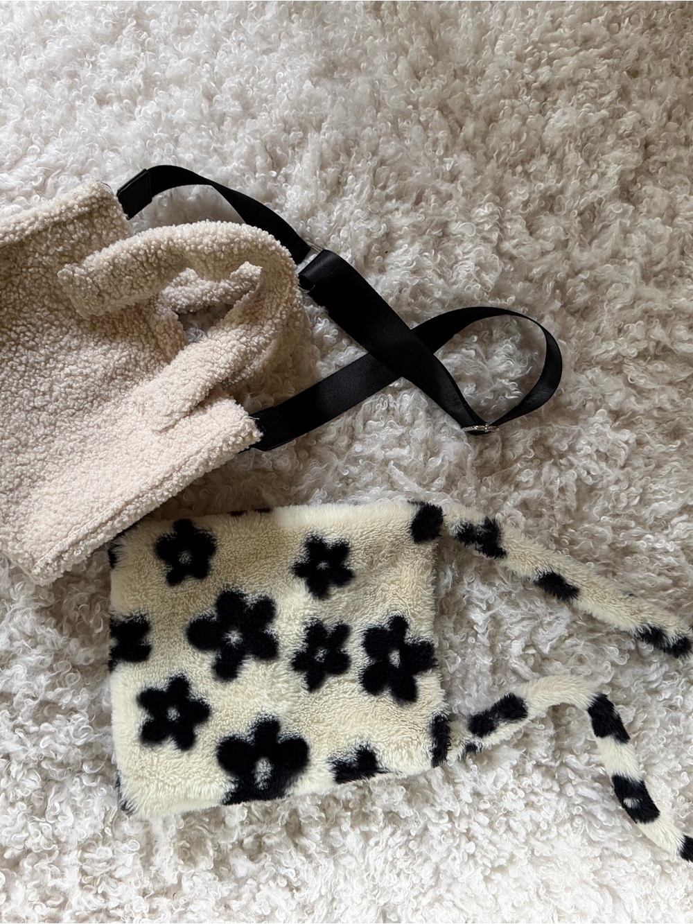 2 Fun Fuzzy Faux Sherpa Crossbody Bags - One has Blk Floral Print; 1 Off-Wht